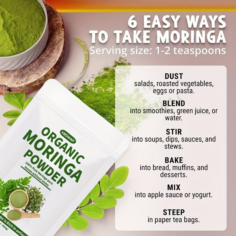 VBSWAP USDA Organic Moringa Leaf Powder – 16oz Plant-Based Superfood for Smoothies, Teas & Recipes