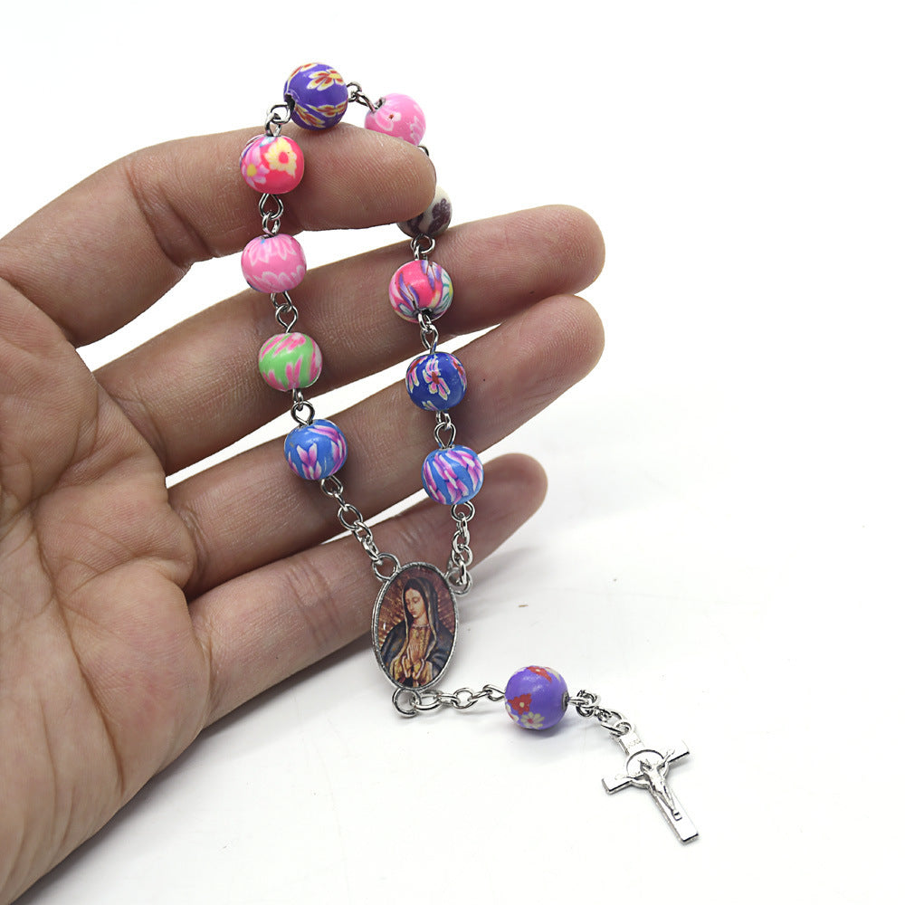 Ceramic Beads Car Rosary Bracelet – Geometric Unisex Religious Jewelry, Gold & Silver