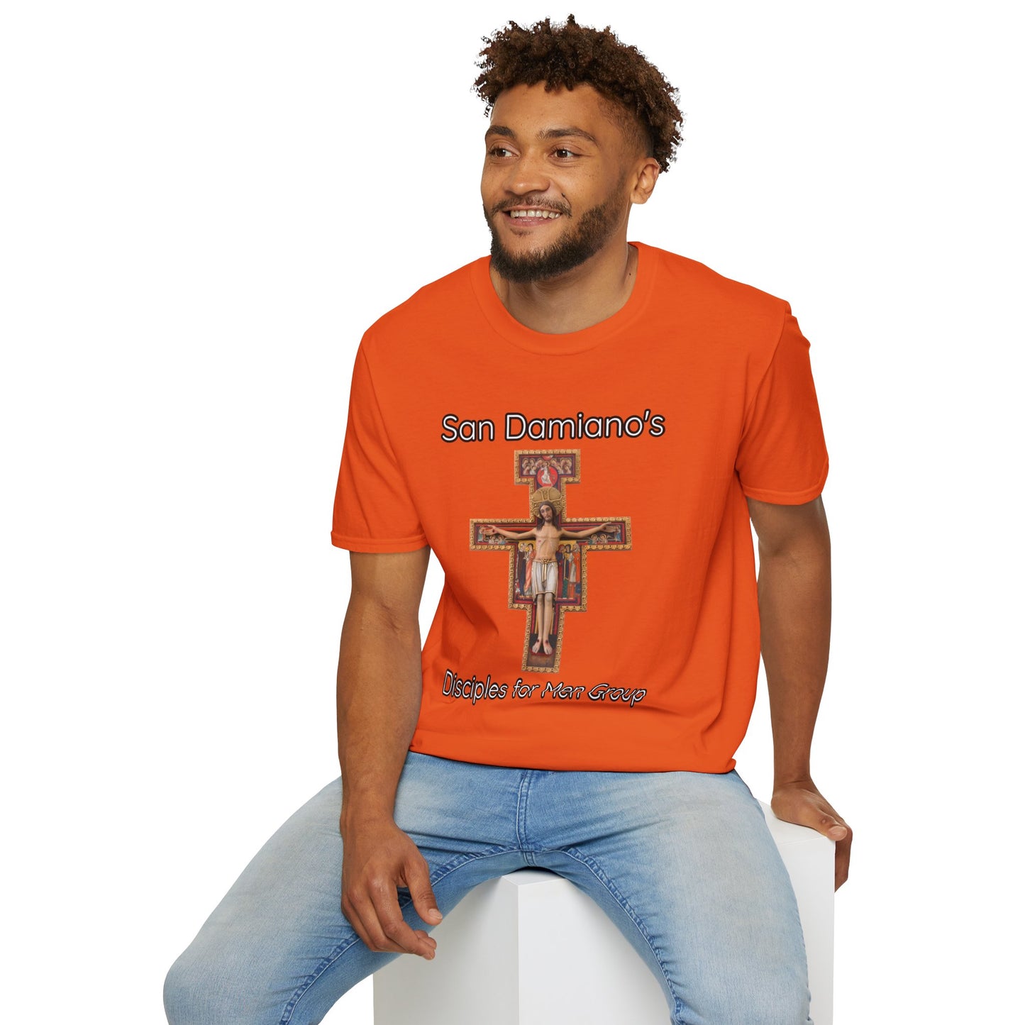 "San Damiano's Disciples for Men Group" Unisex Softstyle T-Shirt - Faith and Community Support