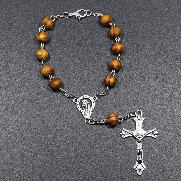 Wooden Beads Cross Catholic Rosary Bracelet – Religious Jewelry for Unisex
