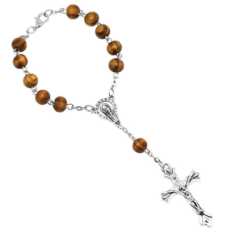 Wooden Beads Cross Catholic Rosary Bracelet – Religious Jewelry for Unisex