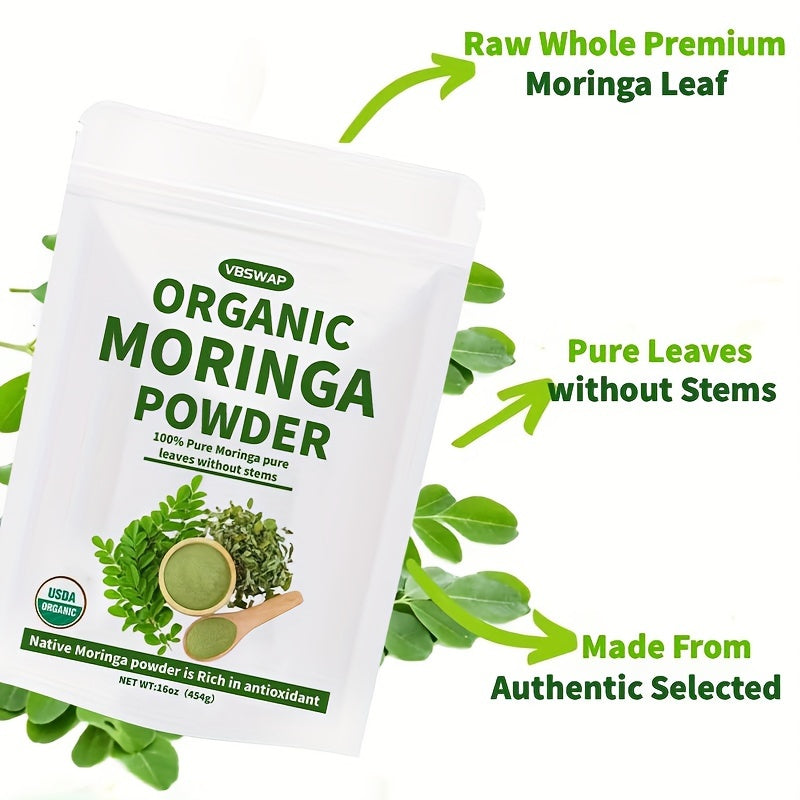 VBSWAP USDA Organic Moringa Leaf Powder – 16oz Plant-Based Superfood for Smoothies, Teas & Recipes