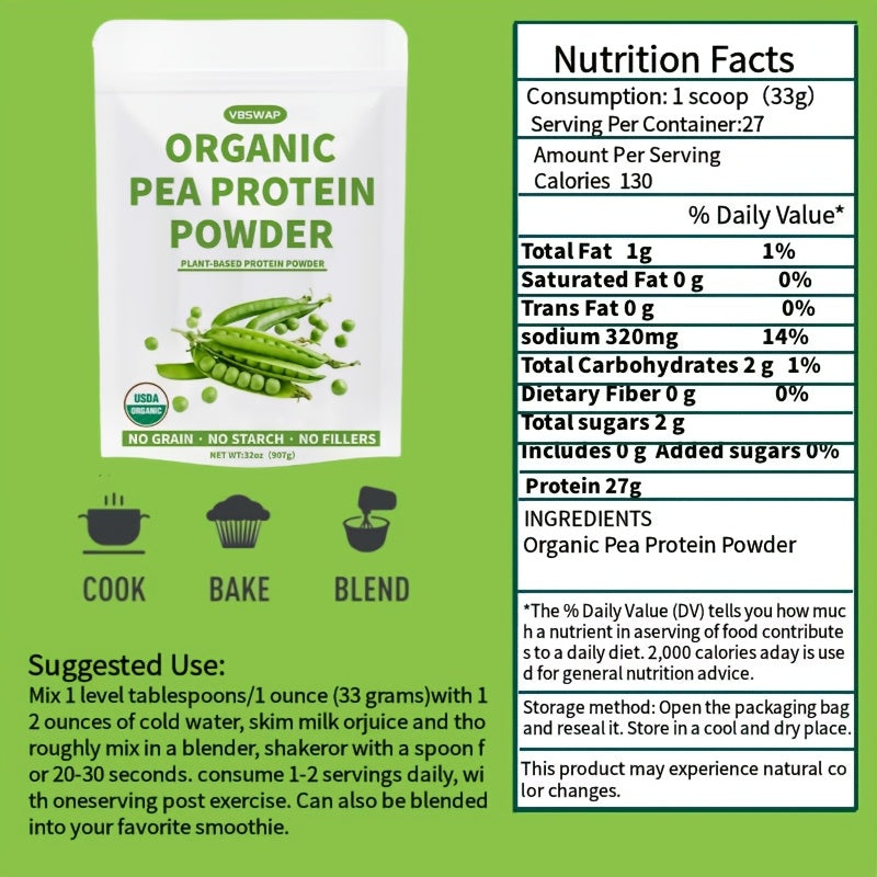 Organic Pea Protein Powder, 2lb – Unflavored Plant-Based Protein – Sugar-Free, Lactose-Free