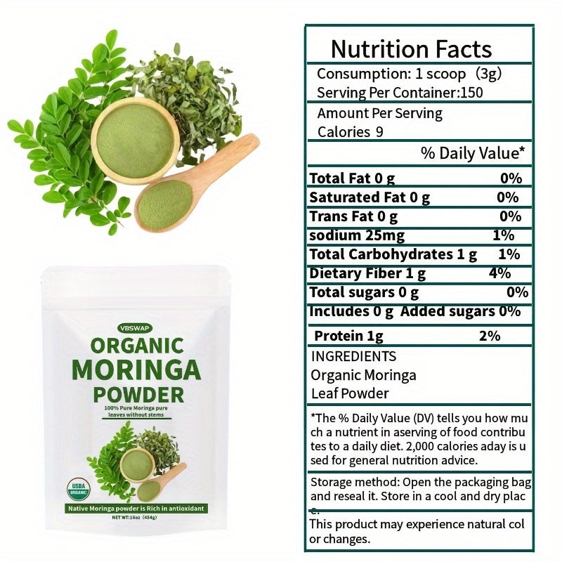 VBSWAP USDA Organic Moringa Leaf Powder – 16oz Plant-Based Superfood for Smoothies, Teas & Recipes