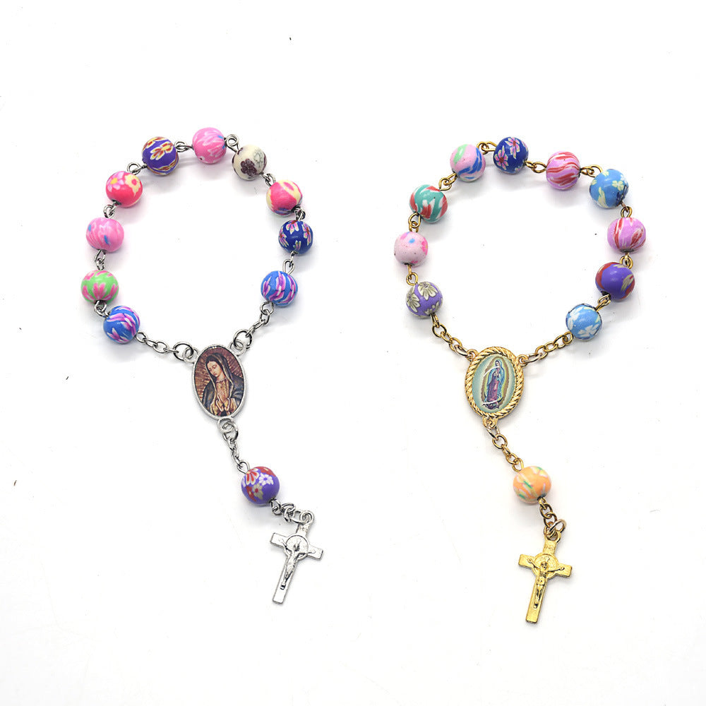 Ceramic Beads Car Rosary Bracelet – Geometric Unisex Religious Jewelry, Gold & Silver