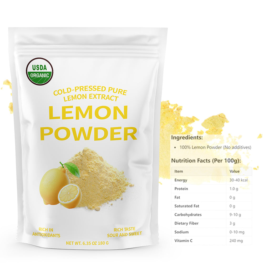 Organic Lemon Powder 6.35oz (180g) – 100% Organic, Sugar-Free, Additive-Free, Resealable Bag – For Smoothies, Beverages, Seasoning, and Salads