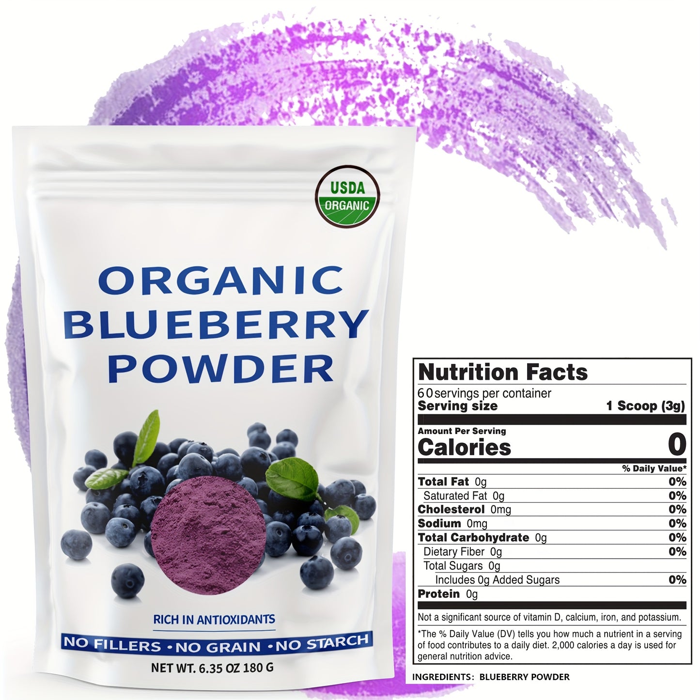 Organic Blueberry Powder – 6.35oz (180g), No Sugar or Additives, Natural, USDA Certified – For Baking, Smoothies & More