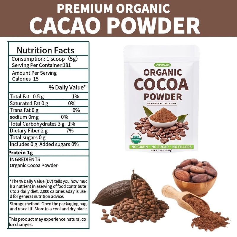 Organic Cacao Powder, 2lb – Unsweetened, Sugar-Free, Plant-Based Cocoa for Baking & Beverages