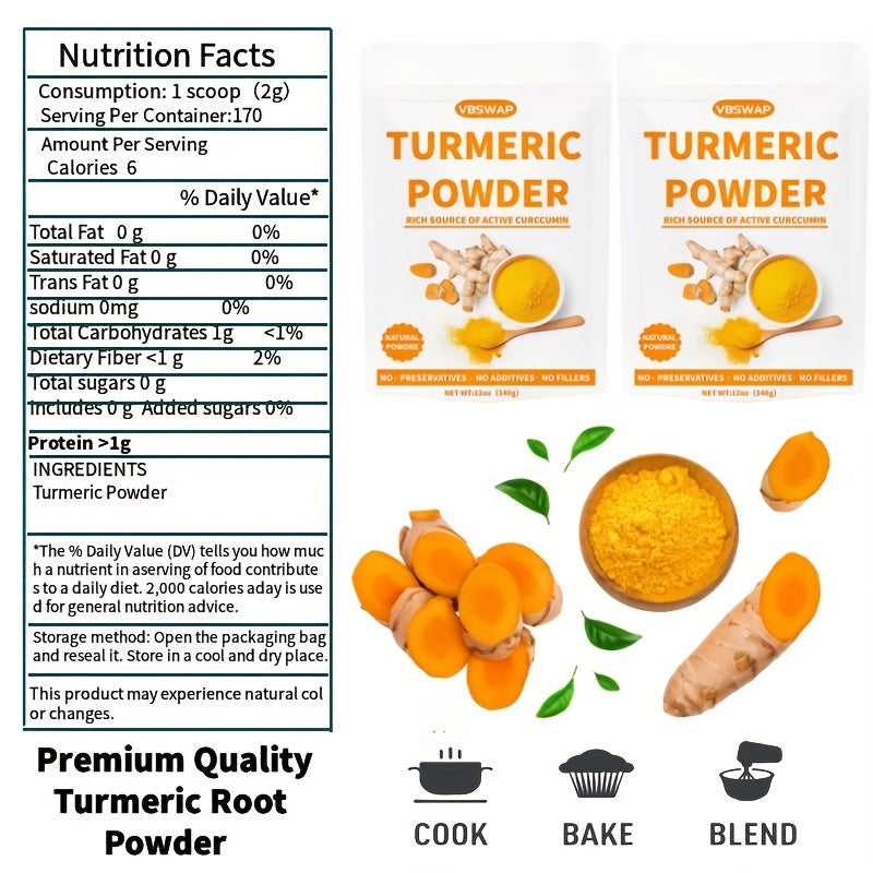 VBSWAP Turmeric Powder 12oz (340g) – Ground Raw Turmeric Root, Preservative-Free, No Additives – For Cooking & Seasoning
