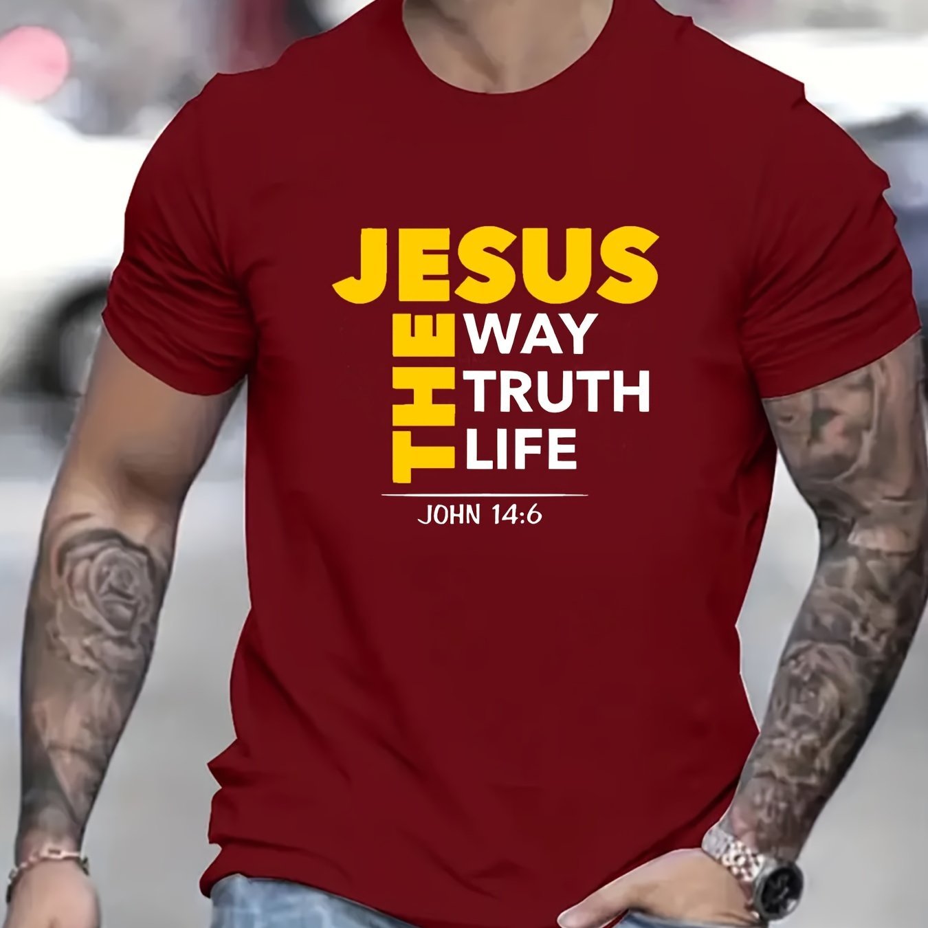 "Jesus states I am the way, the truth, and the life." T-shirt, Men's Summer Casual Short Sleeved T-shirt