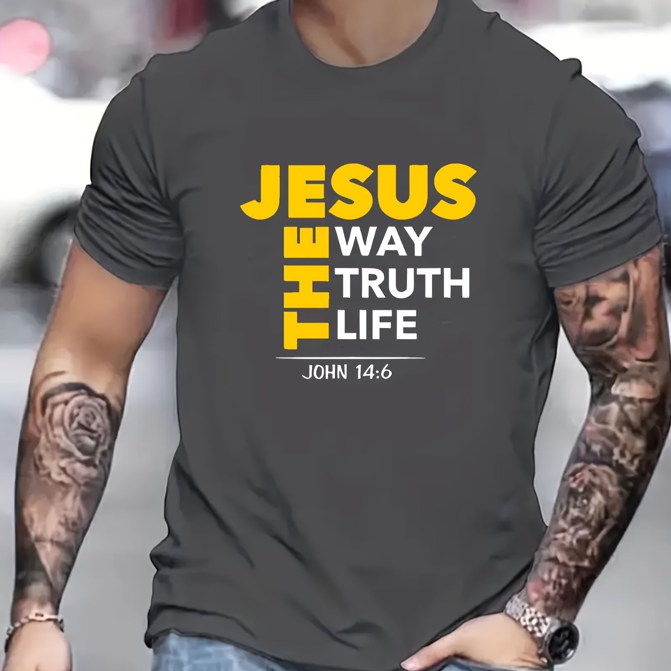 "Jesus states I am the way, the truth, and the life." T-shirt, Men's Summer Casual Short Sleeved T-shirt