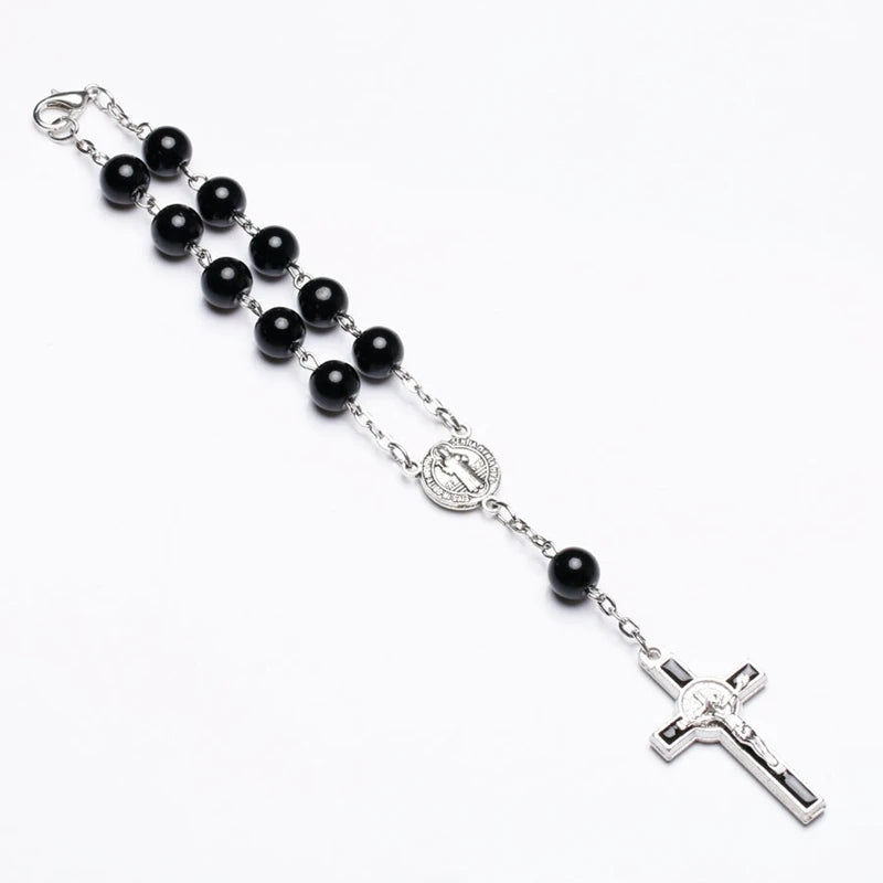 Catholic Crucifixion of Jesus Cross Rosary Bracelet/Car Rosary with Saint Benedict Medal – Unisex Prayer Beads Jewelry