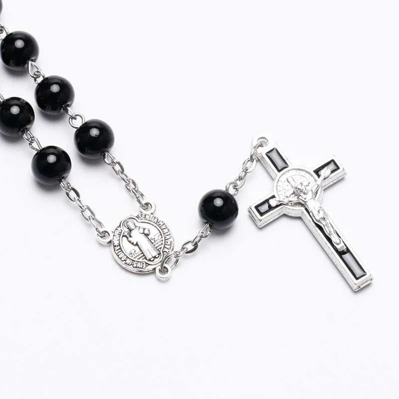 Catholic Crucifixion of Jesus Cross Rosary Bracelet/Car Rosary with Saint Benedict Medal – Unisex Prayer Beads Jewelry