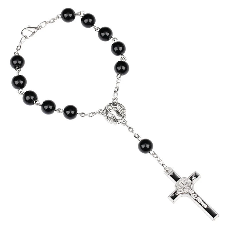 Catholic Crucifixion of Jesus Cross Rosary Bracelet/Car Rosary with Saint Benedict Medal – Unisex Prayer Beads Jewelry