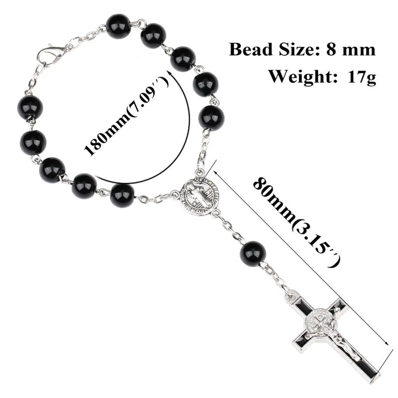Catholic Crucifixion of Jesus Cross Rosary Bracelet/Car Rosary with Saint Benedict Medal – Unisex Prayer Beads Jewelry