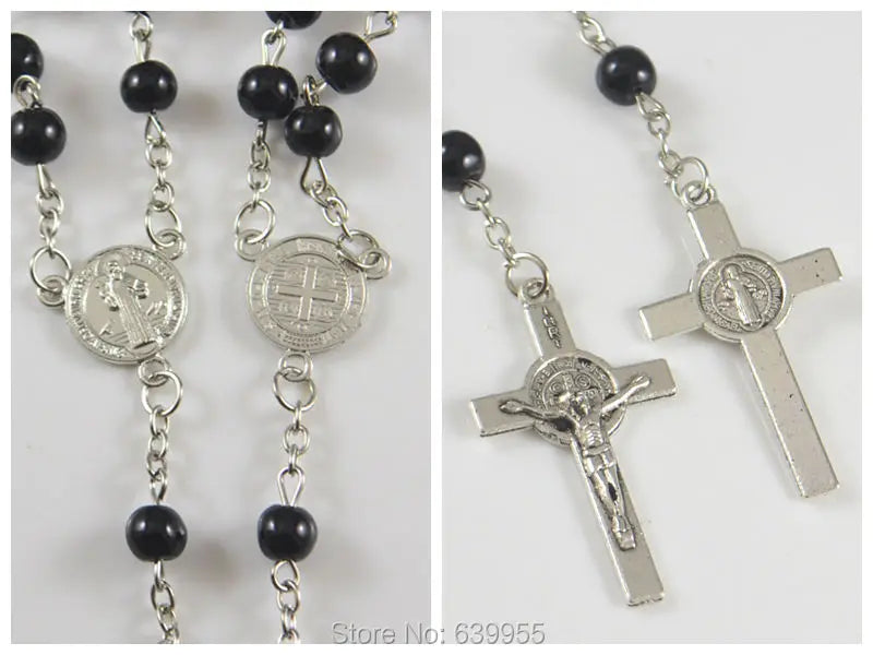 6mm Black Glass Rosary Beads with Saint Benedict Medal, INRI Jesus Cross Pendant – Catholic Christian Religious Jewelry
