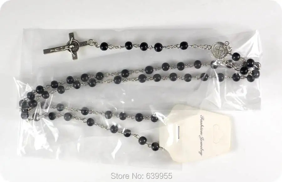 6mm Black Glass Rosary Beads with Saint Benedict Medal, INRI Jesus Cross Pendant – Catholic Christian Religious Jewelry