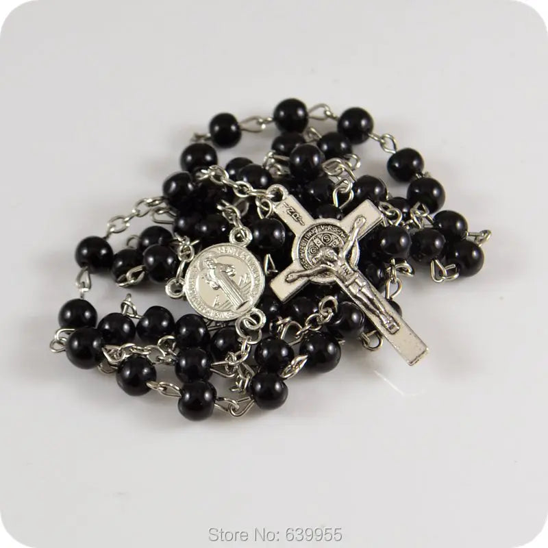 6mm Black Glass Rosary Beads with Saint Benedict Medal, INRI Jesus Cross Pendant – Catholic Christian Religious Jewelry
