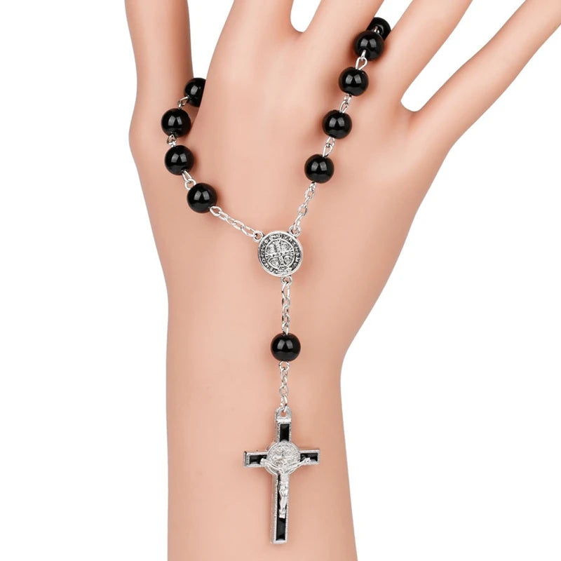Catholic Crucifixion of Jesus Cross Rosary Bracelet/Car Rosary with Saint Benedict Medal – Unisex Prayer Beads Jewelry