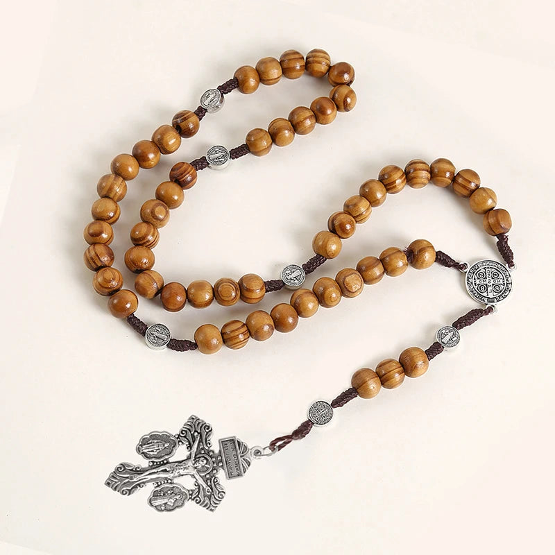 Wood Beads Rosary Cross Necklace For Women Men Christian Virgin Mary INRI Pendant Chain Fashion Religion