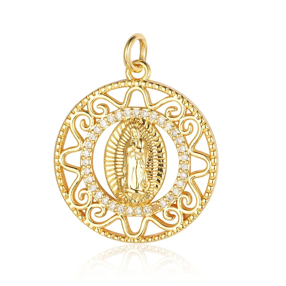 3-Piece Religious Pendant Set – Our Lady & Heart Cross Charms with Cubic Zirconia, Gold or Silver Plated