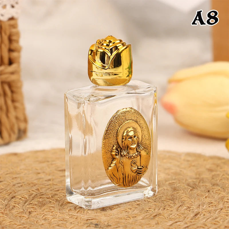 Mini Refillable Holy Water Bottle – Glass with Christian Figure & Rosette Cap – 15ml