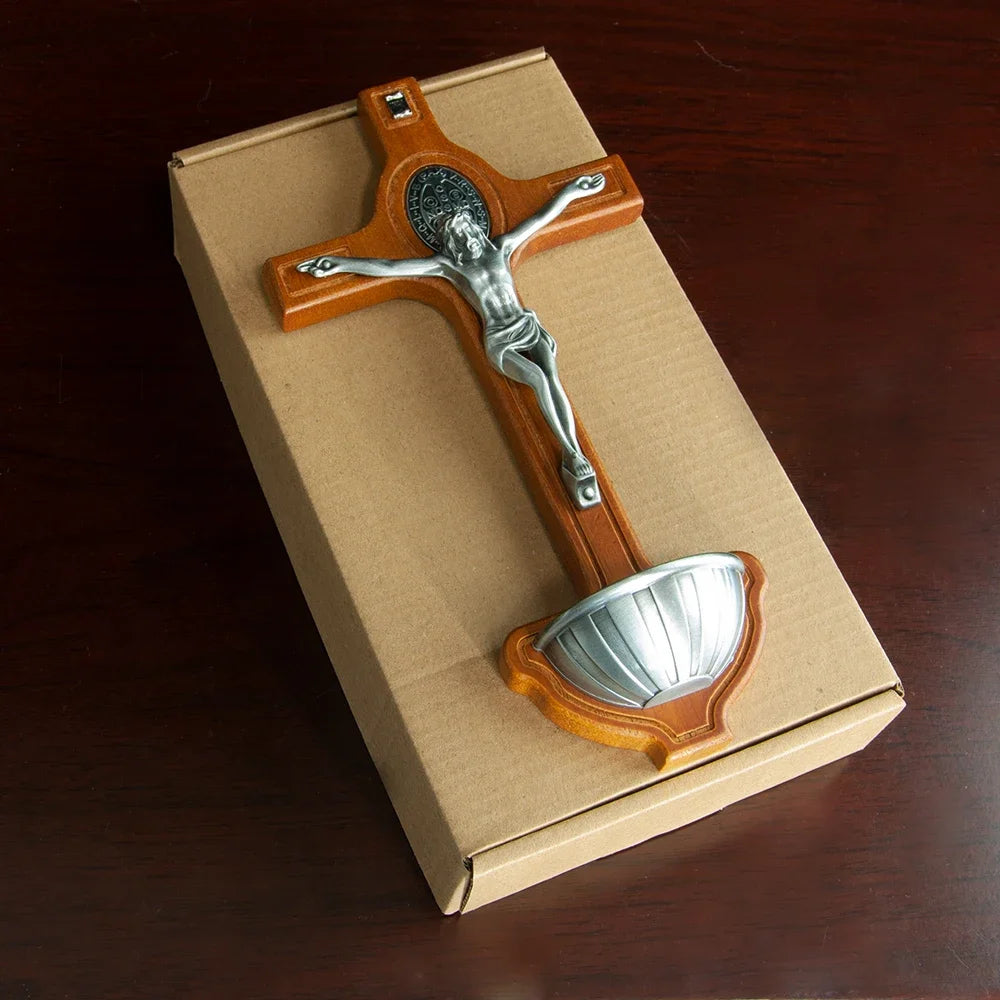 Wall-Mounted Wooden Cross with Water Holder – Traditional Decorative Wood Piece for Home or Chapel