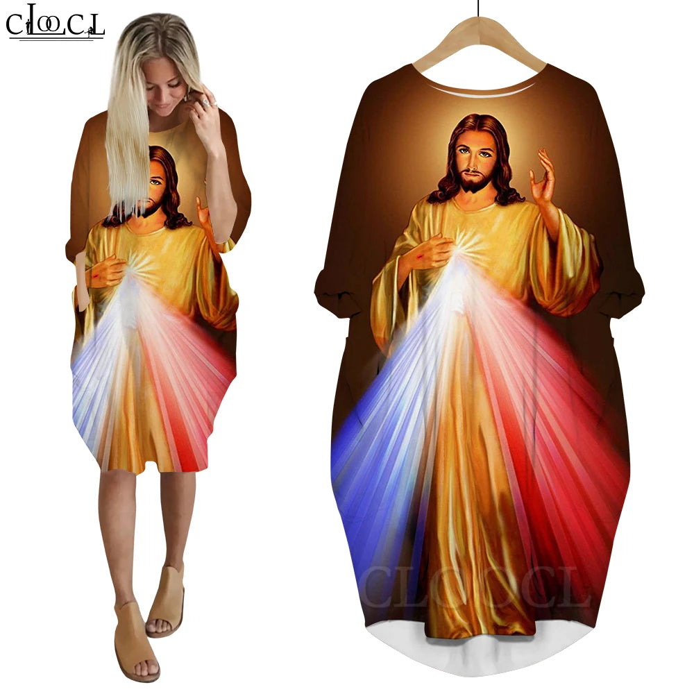 Women’s Jesus Catholic Loose Dress – Knee-Length Casual Long Sleeve Pocket Dress with 3D Printing