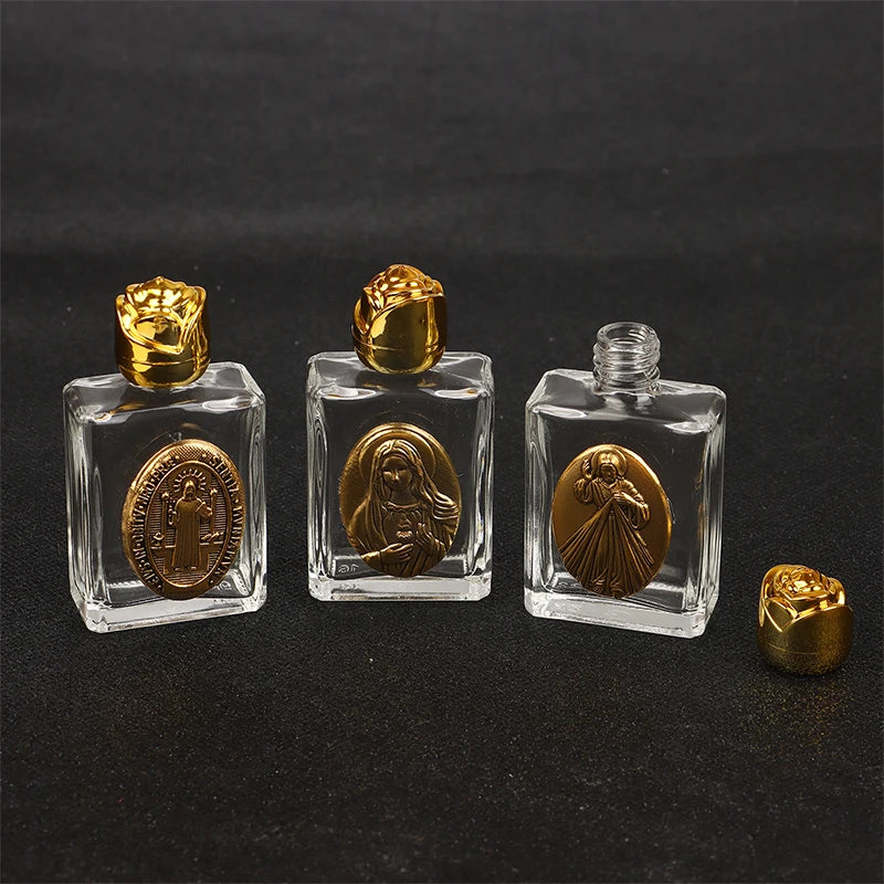 Mini Refillable Holy Water Bottle – Glass with Christian Figure & Rosette Cap – 15ml