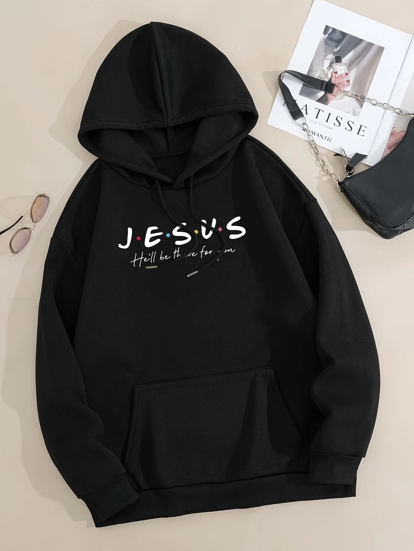 Jesus Print Hoodies with Drawstring & Kangaroo Pocket - Casual Sweatshirt for Spring & Fall, Women's Clothing
