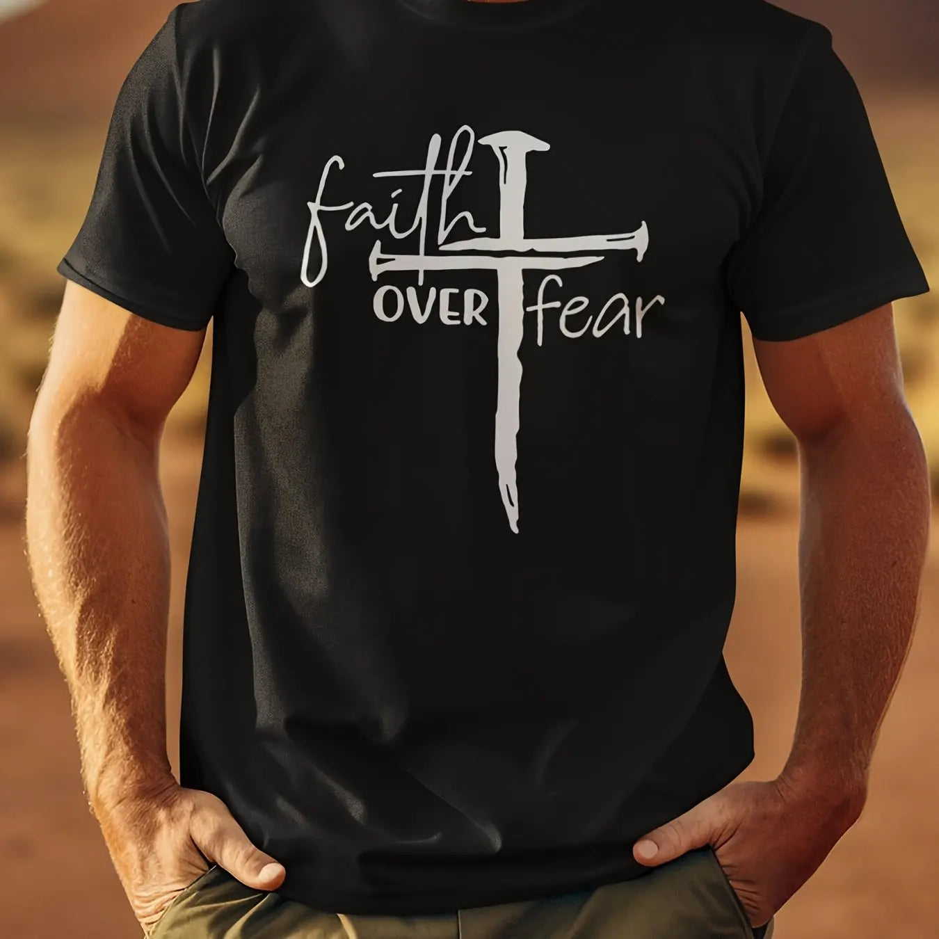 Faith Over Fear Printed Men’s Sports Crew Neck Short Sleeve T-Shirt – Breathable Cotton Casual Tee