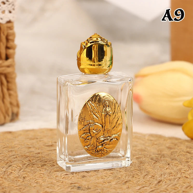 Mini Refillable Holy Water Bottle – Glass with Christian Figure & Rosette Cap – 15ml