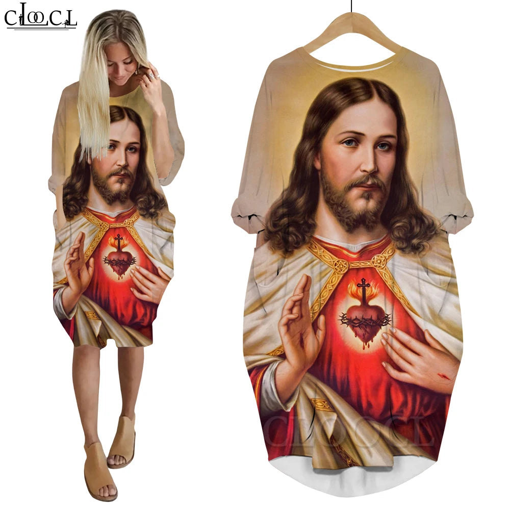 Women’s Jesus Catholic Loose Dress – Knee-Length Casual Long Sleeve Pocket Dress with 3D Printing