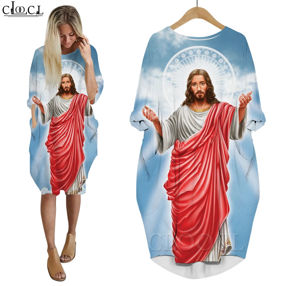 Women’s Jesus Catholic Loose Dress – Knee-Length Casual Long Sleeve Pocket Dress with 3D Printing