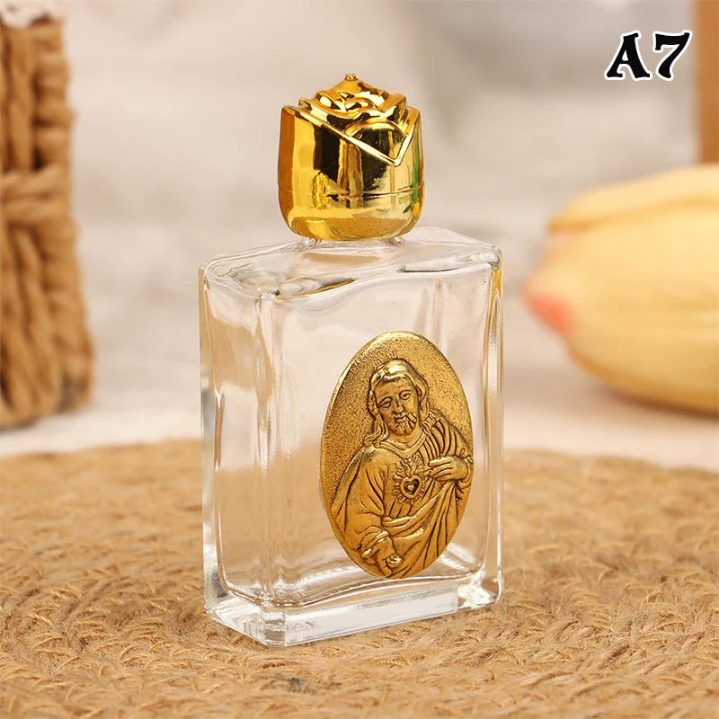 Mini Refillable Holy Water Bottle – Glass with Christian Figure & Rosette Cap – 15ml