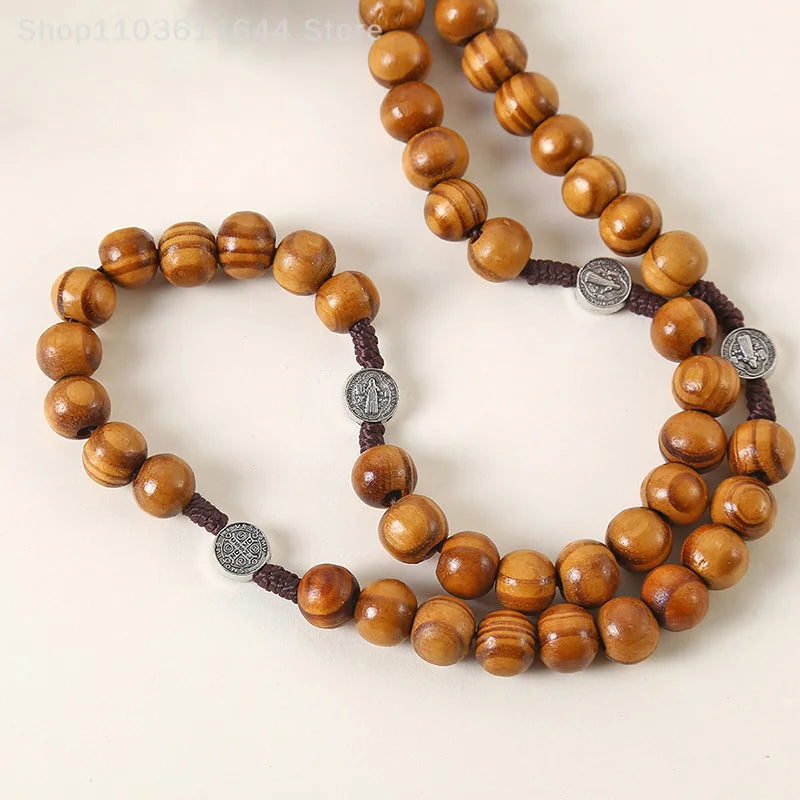 Wood Beads Rosary Cross Necklace For Women Men Christian Virgin Mary INRI Pendant Chain Fashion Religion