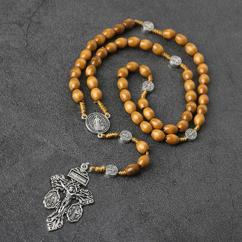 Wood Beads Rosary Cross Necklace For Women Men Christian Virgin Mary INRI Pendant Chain Fashion Religion
