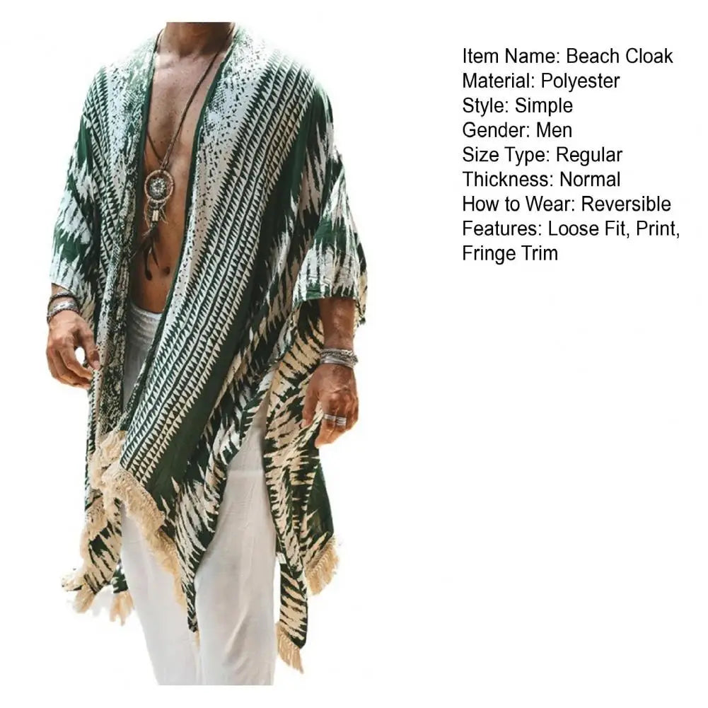 Men's Long Linen Tulum Cardigan – Lightweight Summer Sun Protection Shirt with Fringe