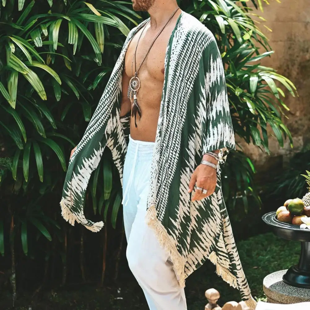 Men's Long Linen Tulum Cardigan – Lightweight Summer Sun Protection Shirt with Fringe