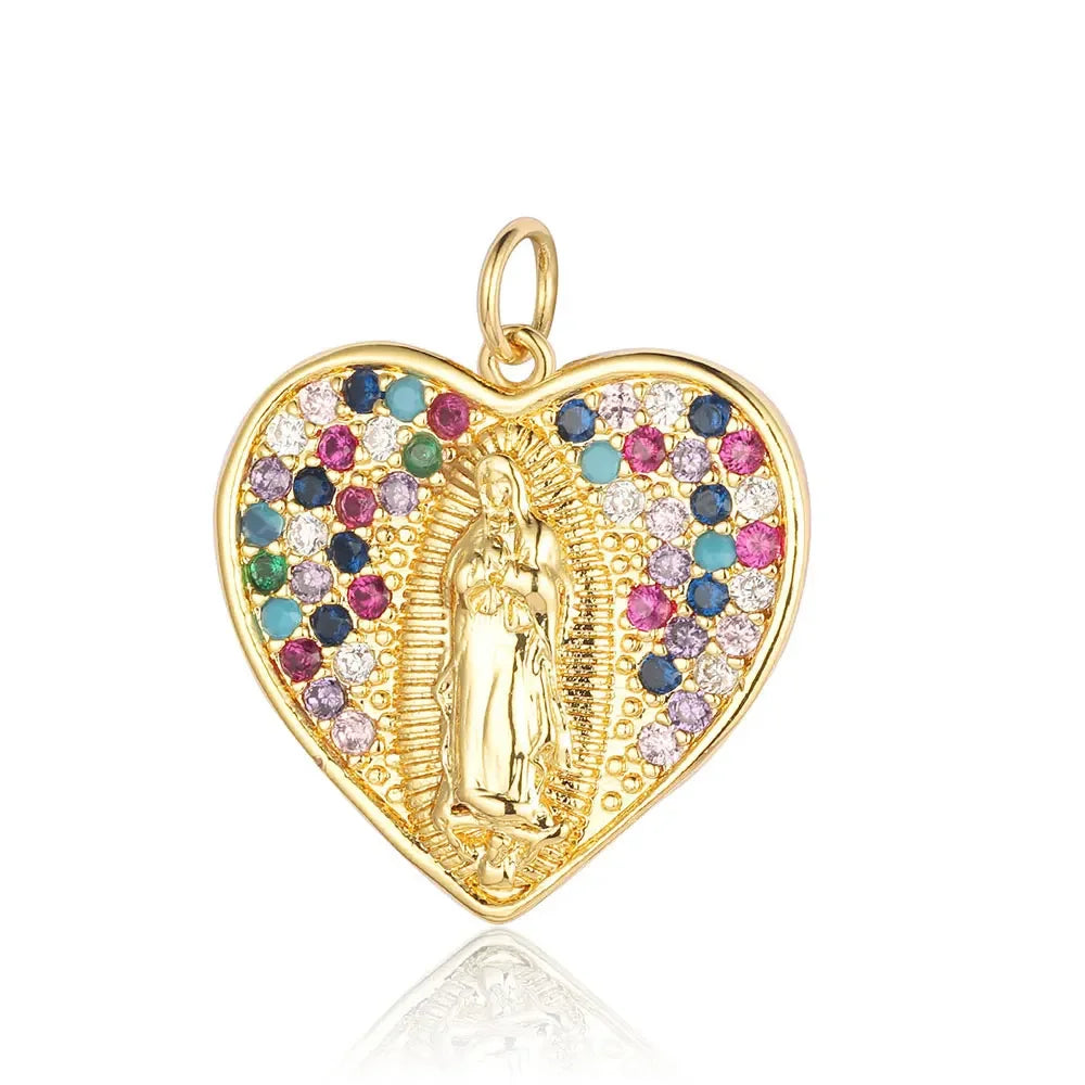 3-Piece Religious Pendant Set – Our Lady & Heart Cross Charms with Cubic Zirconia, Gold or Silver Plated