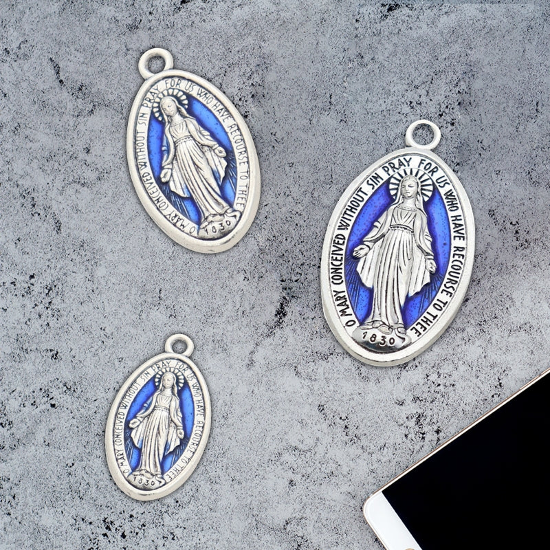 10 Pcs Miraculous Medal Pendant Charms – Catholic Necklace or Rosary Charms, Blessed Virgin Oval Pendants with Loop