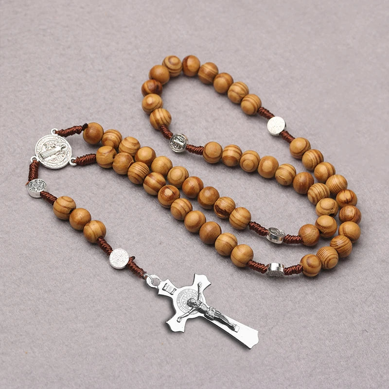 Wood Beads Rosary Cross Necklace For Women Men Christian Virgin Mary INRI Pendant Chain Fashion Religion