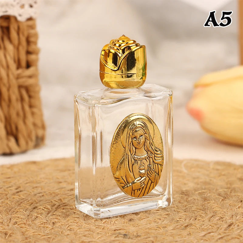 Mini Refillable Holy Water Bottle – Glass with Christian Figure & Rosette Cap – 15ml