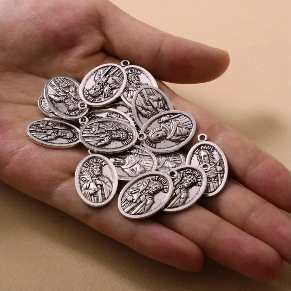 20pcs Saint Peter and Saint Paul Catholic Medals – Oval Religious Charms for DIY Jewelry and Rosaries