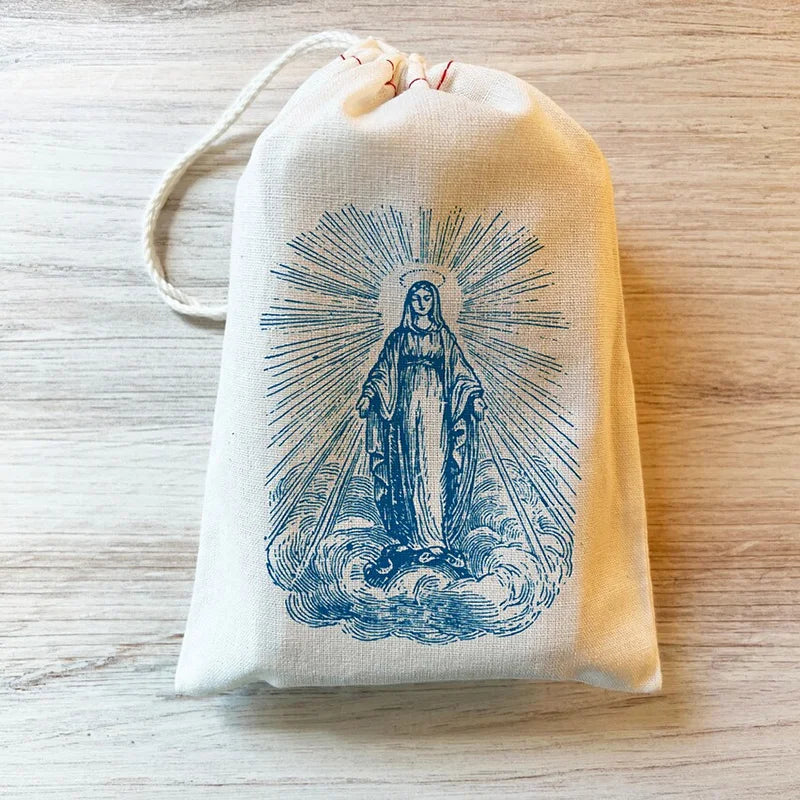 5-Piece Catholic Rosary Pouch Set – Divine Mercy & Virgin Mary Drawstring Cloth Bags