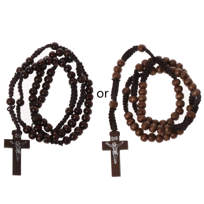 Catholic Wooden Beads Rosary Necklace with Jesus Cross Imprint – Religious Jewelry Souvenir Gift for Unisex Men and Women