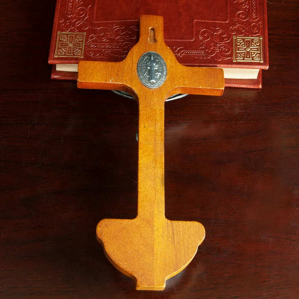 Wall-Mounted Wooden Cross with Water Holder – Traditional Decorative Wood Piece for Home or Chapel
