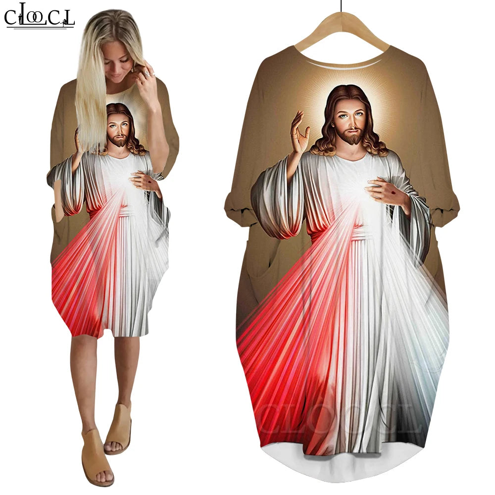 Women’s Jesus Catholic Loose Dress – Knee-Length Casual Long Sleeve Pocket Dress with 3D Printing