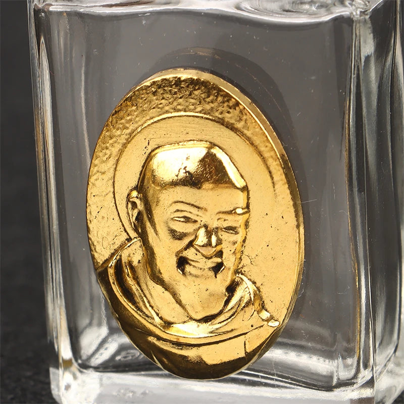 Mini Refillable Holy Water Bottle – Glass with Christian Figure & Rosette Cap – 15ml
