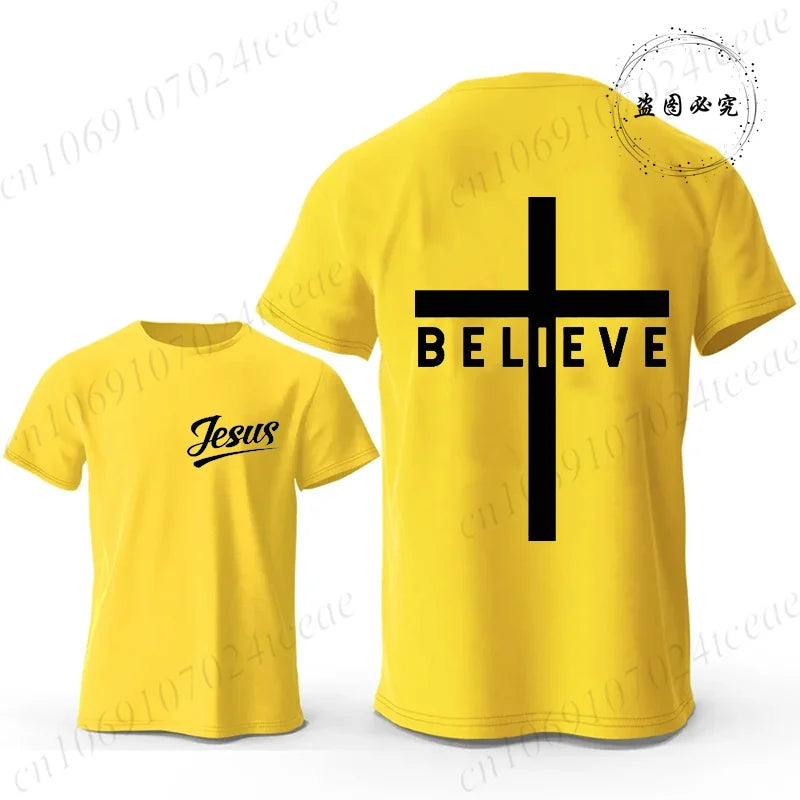 Believe Cross Jesus Graphic Men’s Casual Short Sleeve T-Shirt – Breathable Modal Fabric, Four Seasons Wear